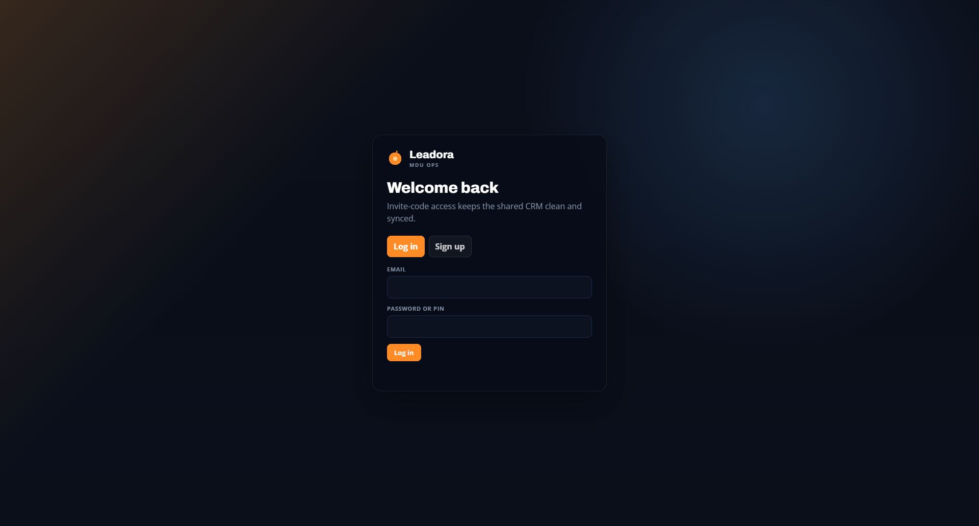 Leadora MDU Ops dark sign-in interface with orange accents