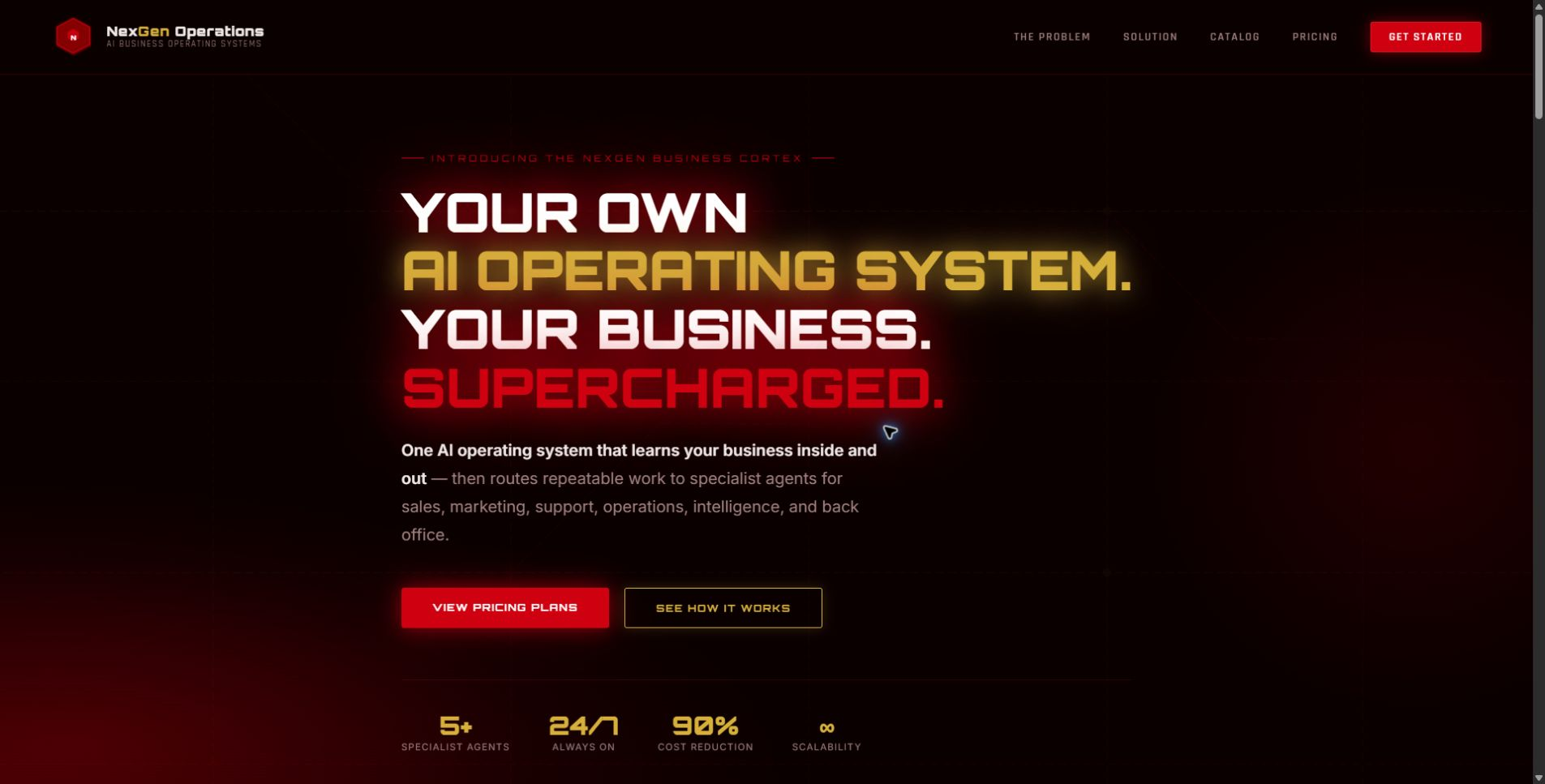 NexGen Business Cortex landing page in deep red and warm white